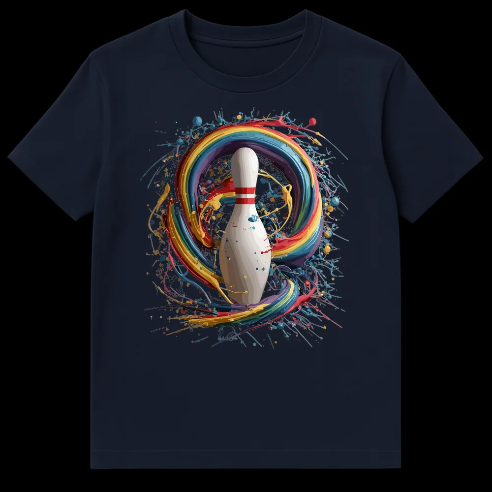 Bowling pin t-shirt with vibrant rainbow paint splatters on black background on Navy Blue t-shirt