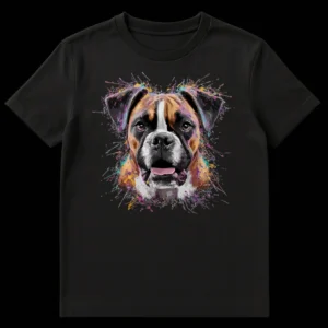 Vibrant Boxer dog portrait t-shirt with colorful splash art on a black background, featuring a Boxer's head with an open mouth and tongue out. on Black t-shirt