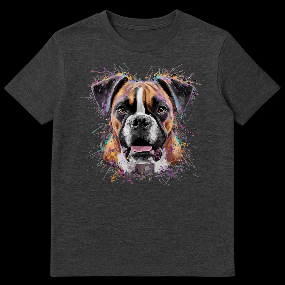 Vibrant Boxer dog portrait t-shirt with colorful splash art on a black background, featuring a Boxer's head with an open mouth and tongue out. on Dark Heather t-shirt