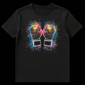Dynamic black and white boxing gloves with multi-colored paint splatters on a black t-shirt on Black t-shirt