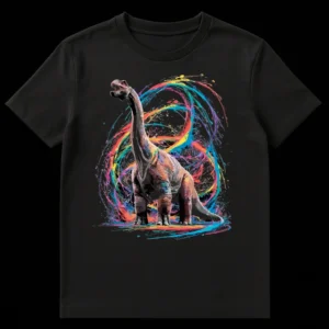 Colorful paint splatter sauropod dinosaur t-shirt design with a majestic long-necked dinosaur emerging from vibrant rainbow paint splashes on Black t-shirt