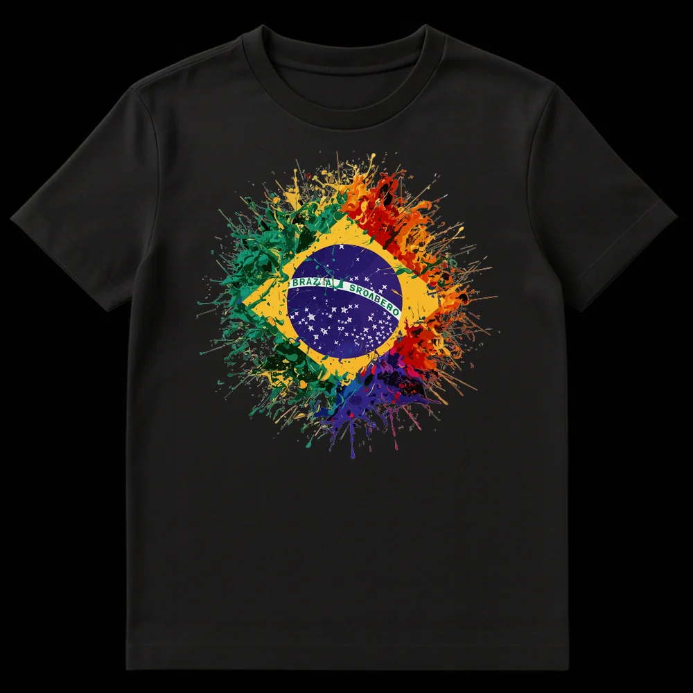 Brazil Deconstructed Flag T-Shirt with abstract paint splatter in green, yellow, blue, and rainbow colors on black background, featuring garbled 'BRAZIA SROABERO' text on Black t-shirt