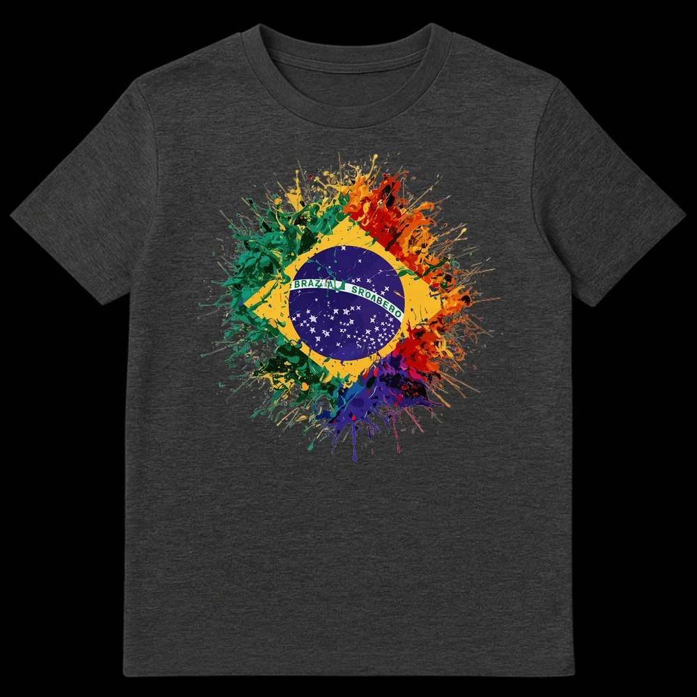 Brazil Deconstructed Flag T-Shirt with abstract paint splatter in green, yellow, blue, and rainbow colors on black background, featuring garbled 'BRAZIA SROABERO' text on Dark Heather t-shirt