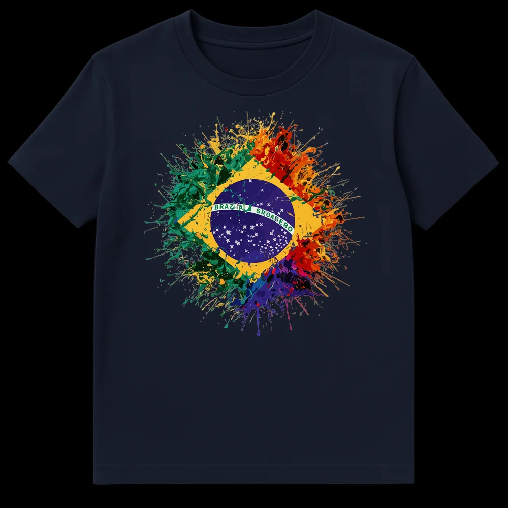 Brazil Deconstructed Flag T-Shirt with abstract paint splatter in green, yellow, blue, and rainbow colors on black background, featuring garbled 'BRAZIA SROABERO' text on Navy Blue t-shirt