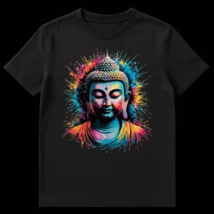 Vibrant Buddha Splatter Art T-Shirt for Spiritual Seekers and Meditation Enthusiasts on Black t-shirt