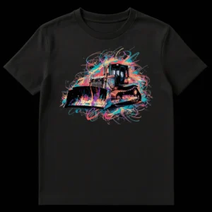 Psychedelic Power Bulldozer t-shirt featuring a heavy-duty bulldozer surrounded by vibrant, colorful abstract paint splashes against a black background. on Black t-shirt
