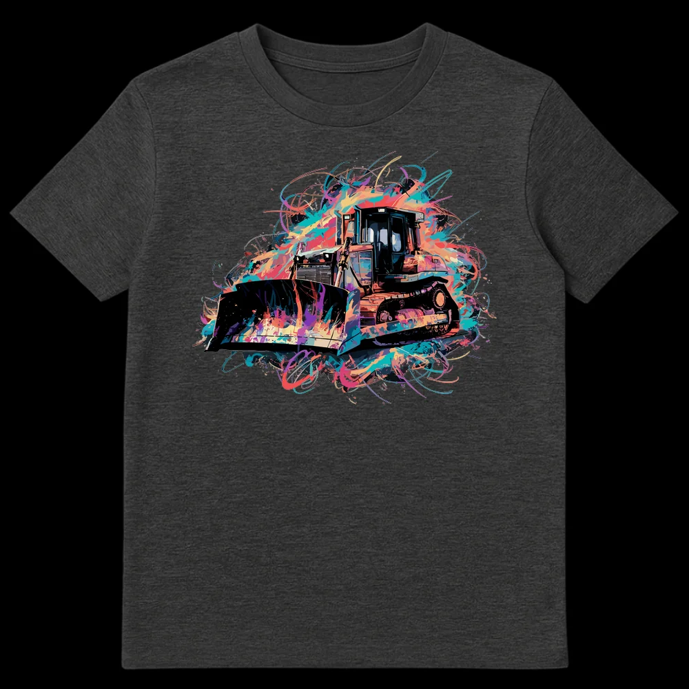 Psychedelic Power Bulldozer t-shirt featuring a heavy-duty bulldozer surrounded by vibrant, colorful abstract paint splashes against a black background. on Dark Heather t-shirt