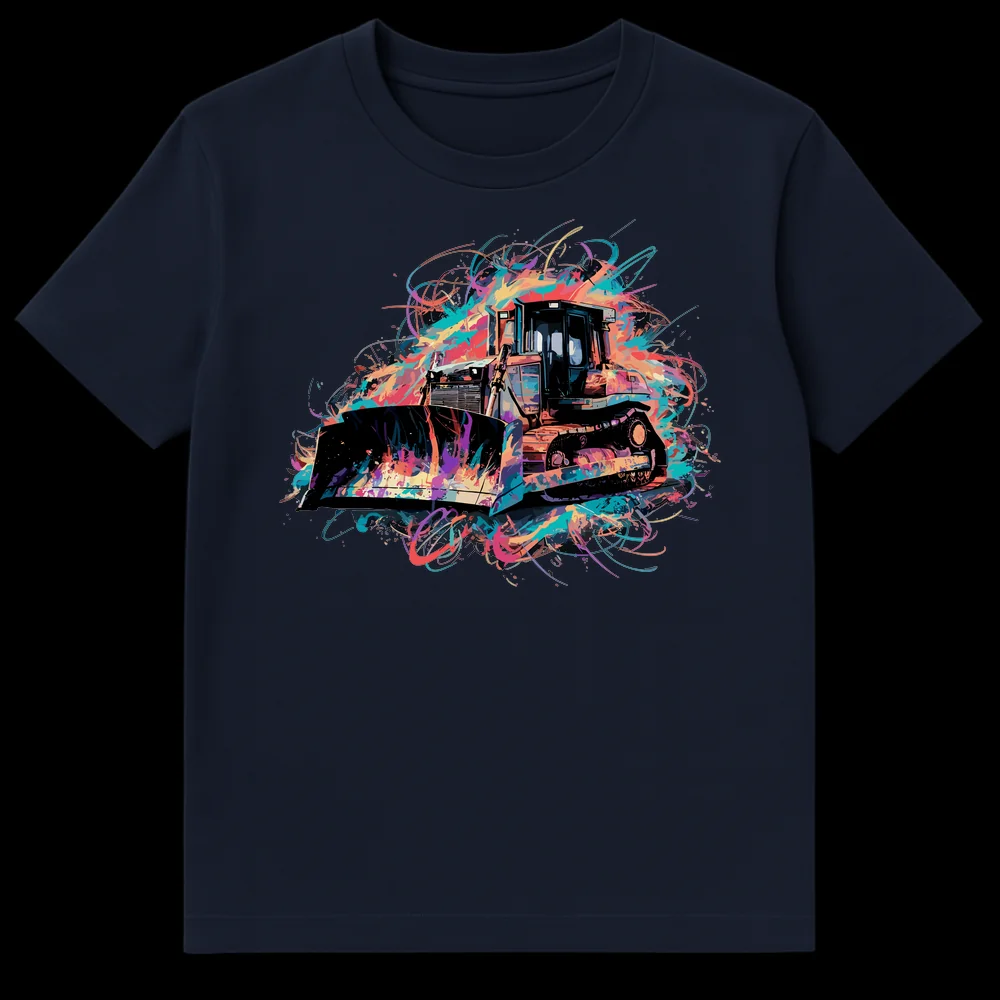 Psychedelic Power Bulldozer t-shirt featuring a heavy-duty bulldozer surrounded by vibrant, colorful abstract paint splashes against a black background. on Navy Blue t-shirt