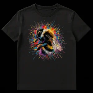 Vibrant Splatter Bee T-Shirt with a detailed bumblebee and colorful paint splatters on a black background on Black t-shirt