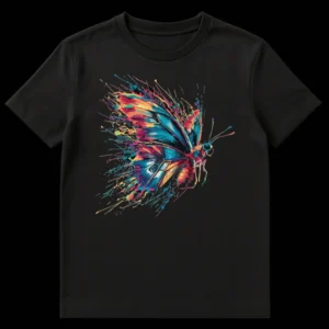 Vibrant splatter paint butterfly t-shirt on black background, showcasing an abstract and colorful art design with shades of teal, pink, orange, yellow, and purple. on Black t-shirt