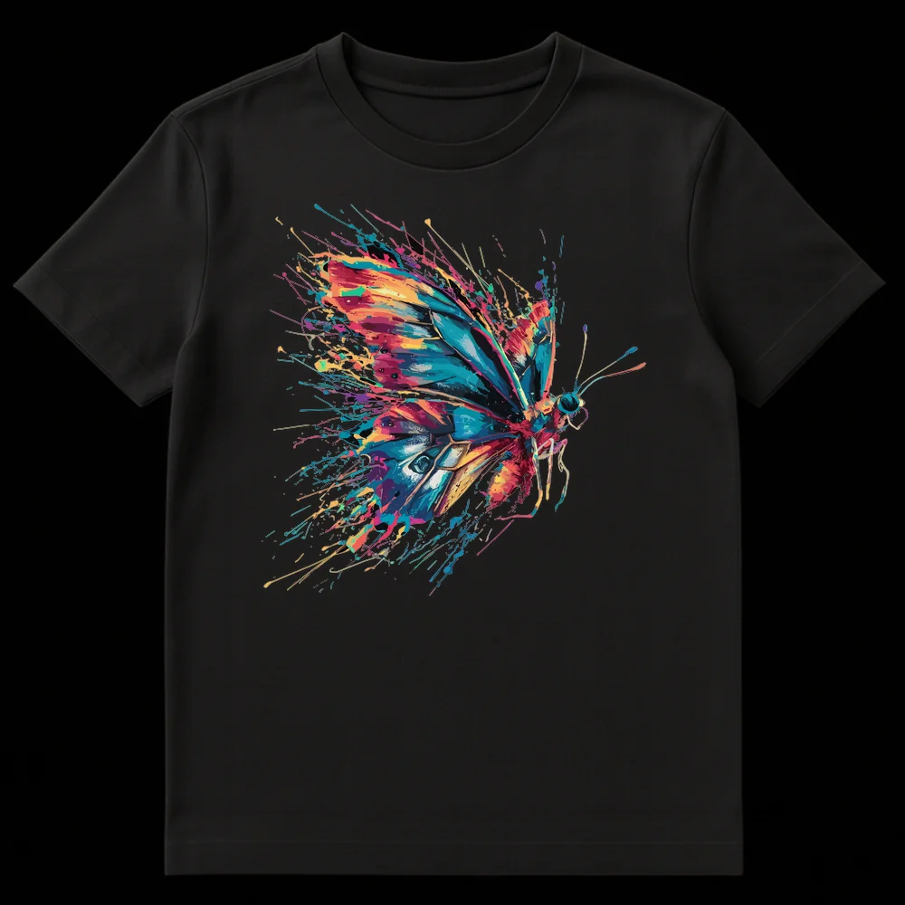 Vibrant splatter paint butterfly t-shirt on black background, showcasing an abstract and colorful art design with shades of teal, pink, orange, yellow, and purple. on Black t-shirt