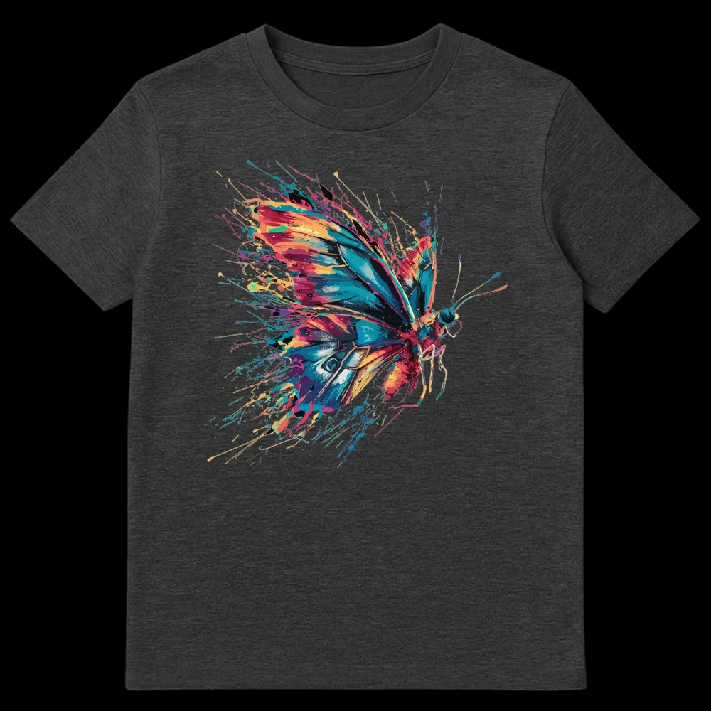 Vibrant splatter paint butterfly t-shirt on black background, showcasing an abstract and colorful art design with shades of teal, pink, orange, yellow, and purple. on Dark Heather t-shirt