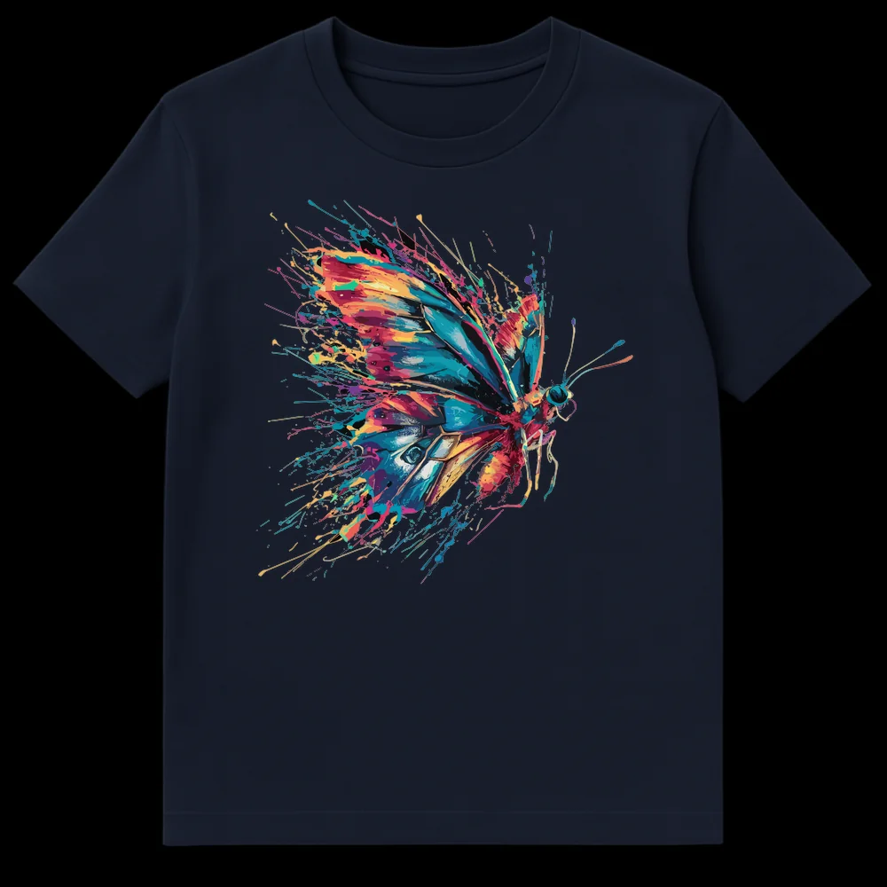 Vibrant splatter paint butterfly t-shirt on black background, showcasing an abstract and colorful art design with shades of teal, pink, orange, yellow, and purple. on Navy Blue t-shirt