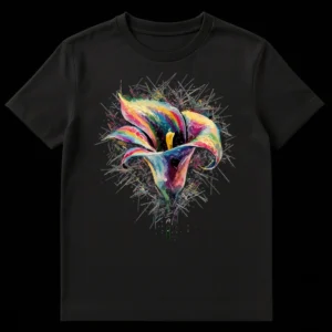 Vibrant Calla Lily Abstract Art T-Shirt with an explosion of colors against a black background, showcasing abstract expressionism floral design. on Black t-shirt