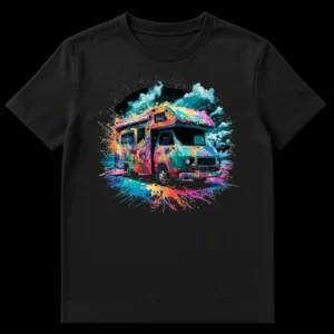 Psychedelic Camper Van T-Shirt with colorful paint splatters, vibrant vintage RV design on black background, Van Life adventure apparel on Black t-shirt