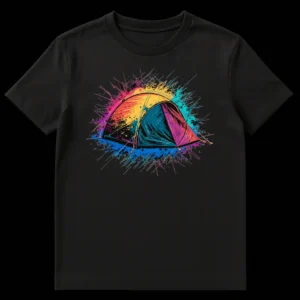 Vibrant abstract camping tent t-shirt design with multi-colored splatters on black background, showcasing energetic outdoor adventure theme on Black t-shirt