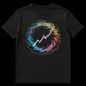 Bull Market Growth T-Shirt with vibrant rainbow fluid art and white upward-trending candlestick chart on black background on Black t-shirt