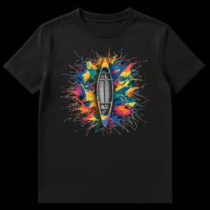 Colorful Splatter Canoe T-Shirt featuring a stylized canoe surrounded by vibrant paint splatters on a black background on Black t-shirt