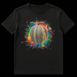 Unisex t-shirt with a realistic cantaloupe melon surrounded by an explosion of bright, multi-colored paint splatters on a black background. Design is a vibrant artistic statement. on Black t-shirt