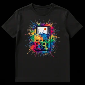 T-shirt design featuring a credit card payment terminal exploding in multi-colored paint splatters, against a black background. on Black t-shirt