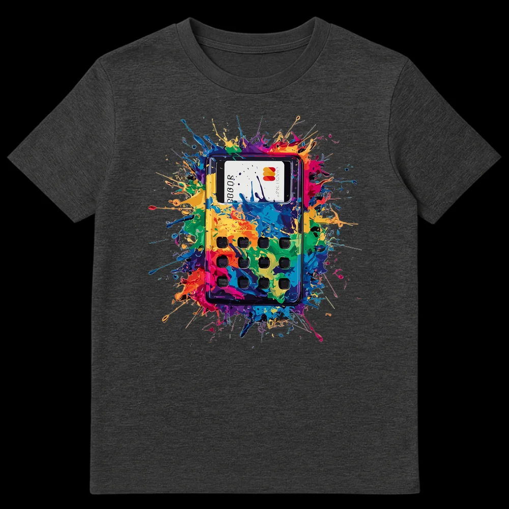 T-shirt design featuring a credit card payment terminal exploding in multi-colored paint splatters, against a black background. on Dark Heather t-shirt