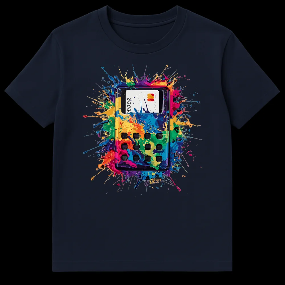 T-shirt design featuring a credit card payment terminal exploding in multi-colored paint splatters, against a black background. on Navy Blue t-shirt