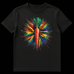 Vibrant orange carrot with green leaves surrounded by a radial burst of rainbow-colored paint splatters on a black t-shirt. on Black t-shirt