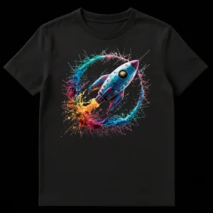 Stylized rocket ship with colorful paint splatters as exhaust, forming a dynamic circular splash on a black t-shirt. on Black t-shirt