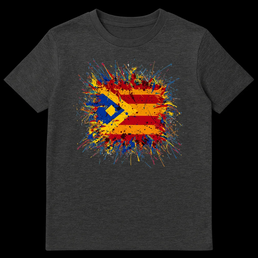 Exploding Estelada Blava Flag T-Shirt, dynamic paint splatter art celebrating Catalan independence on a black background on Dark Heather t-shirt