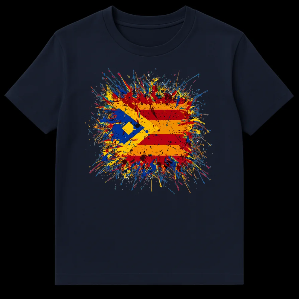Exploding Estelada Blava Flag T-Shirt, dynamic paint splatter art celebrating Catalan independence on a black background on Navy Blue t-shirt