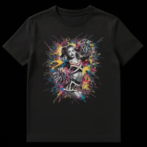 Dynamic Splatter Pop Art Cheerleader T-Shirt with confident monochrome figure and vibrant paint splashes on Black t-shirt