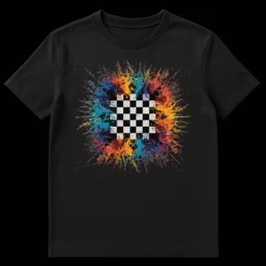 Unisex t-shirt with a design of a black and white chessboard exploding outwards in vibrant rainbow paint splatters against a black background. on Black t-shirt