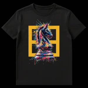 Abstract Splatter Chess Knight T-Shirt with vibrant paint splashes and a yellow frame on a black background on Black t-shirt