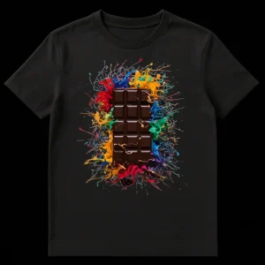 Dark chocolate bar with vibrant multi-colored liquid splashes on a black t-shirt on Black t-shirt