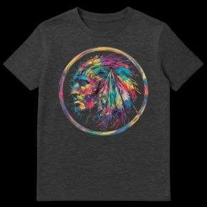 Vibrant abstract t-shirt design with a colorful feathered headdress profile on a dark background within a multi-colored circular frame. on Dark Heather t-shirt