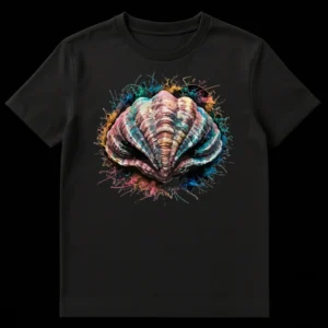 Vibrant Bivalve Shell T-Shirt with colorful paint splatters, abstract marine art design for art lovers on Black t-shirt