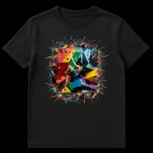 Rock climber t-shirt design with vibrant geometric climbing wall and abstract energy splash against a black background. on Black t-shirt