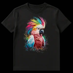 Vibrant abstract watercolor cockatoo t-shirt with rainbow paint splatters on black background on Black t-shirt