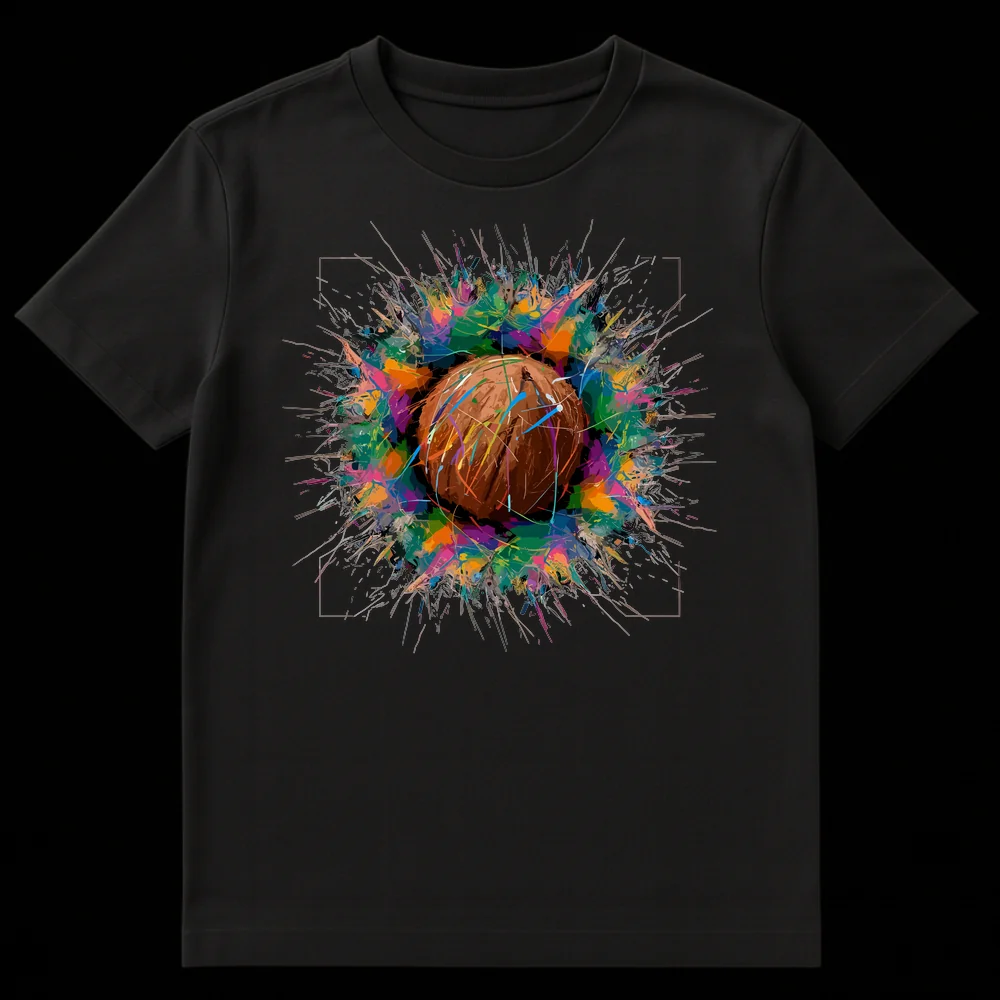 Colorful Coconut Explosion t-shirt design showing a textured coconut surrounded by multi-hued paint splatters on a black background on Black t-shirt