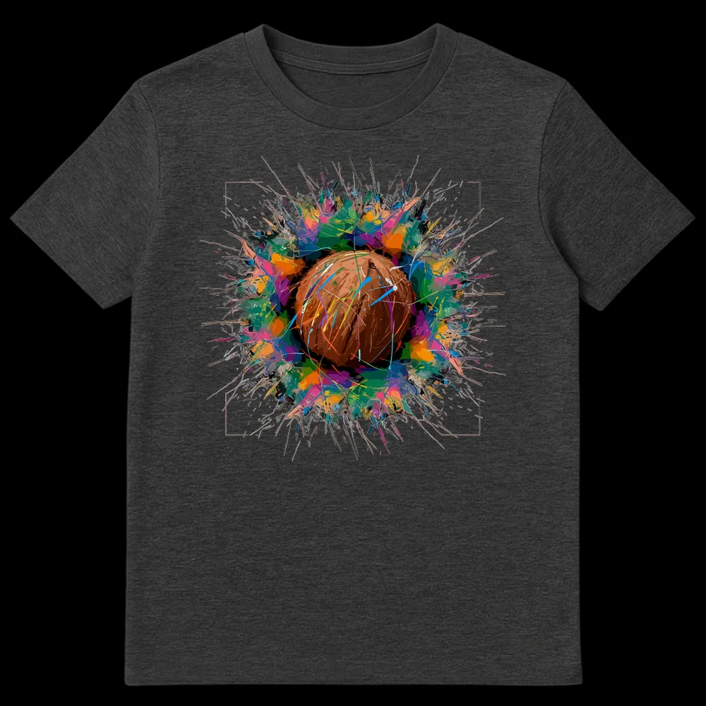 Colorful Coconut Explosion t-shirt design showing a textured coconut surrounded by multi-hued paint splatters on a black background on Dark Heather t-shirt