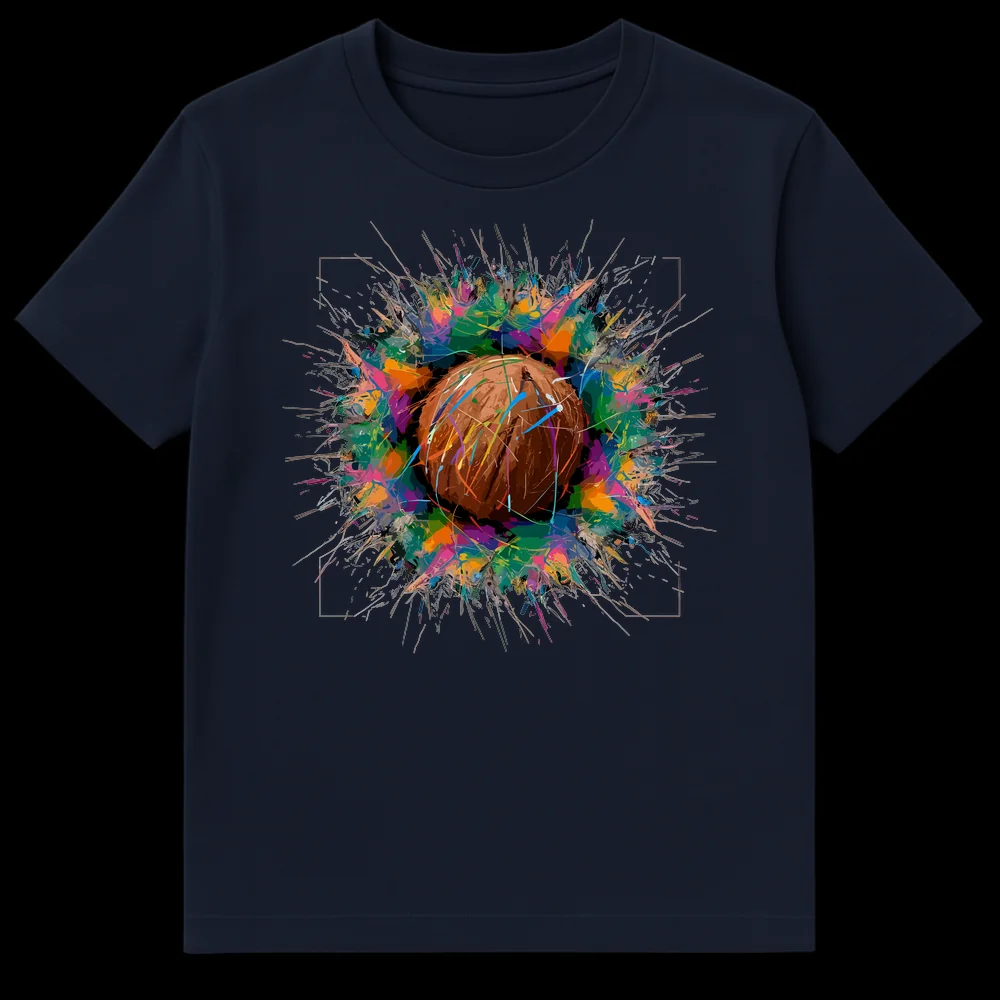 Colorful Coconut Explosion t-shirt design showing a textured coconut surrounded by multi-hued paint splatters on a black background on Navy Blue t-shirt