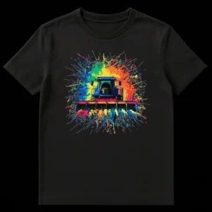 Combine harvester t-shirt with colorful paint splatters on a black background on Black t-shirt