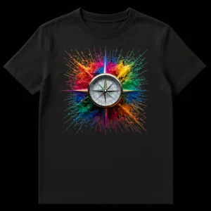 Vibrant Direction T-shirt featuring a detailed metallic compass with colorful paint splatter explosion on black background, symbolizing guidance and creativity. on Black t-shirt