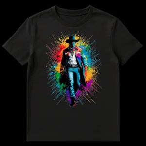 Urban Cowboy t-shirt featuring a stylized man in a duster coat and cowboy hat emerging from vibrant rainbow paint splatters on a black background on Black t-shirt