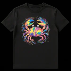 Abstract expressionist crab t-shirt with googly eyes and colorful paint splatters on a black background on Black t-shirt