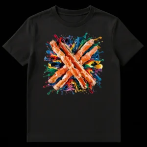 Crab Rave T-Shirt with realistic cooked crab legs amidst vibrant, multicolored paint splashes on a black background, representing the internet meme. on Black t-shirt