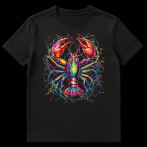 Vibrant Pop Art Crayfish T-Shirt with colorful splatter effect on a black background, showcasing a multi-colored lobster-like creature with raised claws. on Black t-shirt