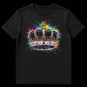Colorful Royal Crown with Paint Splatters Unisex T-Shirt - Front View on Black t-shirt