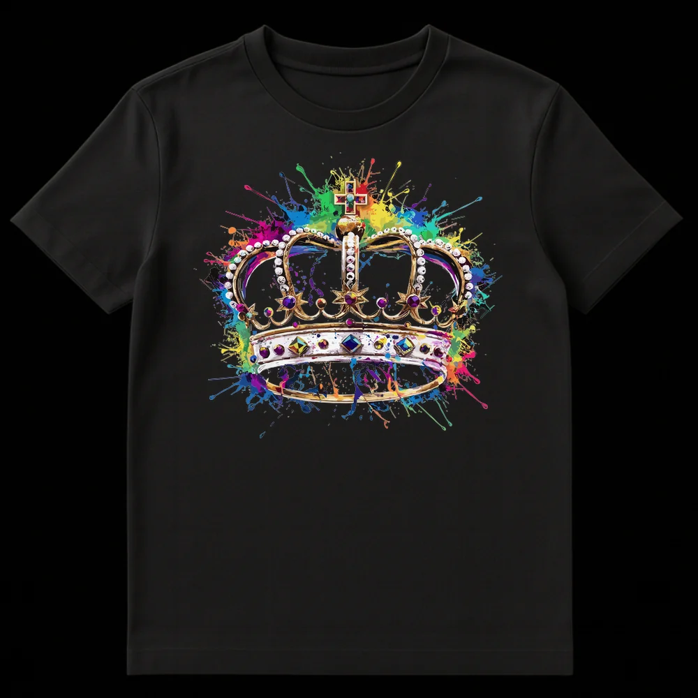 Colorful Royal Crown with Paint Splatters Unisex T-Shirt - Front View on Black t-shirt