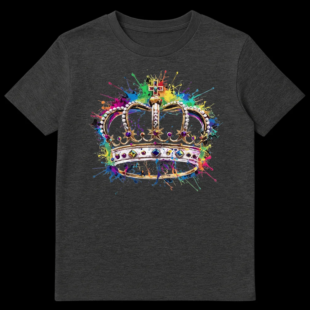 Colorful Royal Crown with Paint Splatters Unisex T-Shirt - Front View on Dark Heather t-shirt